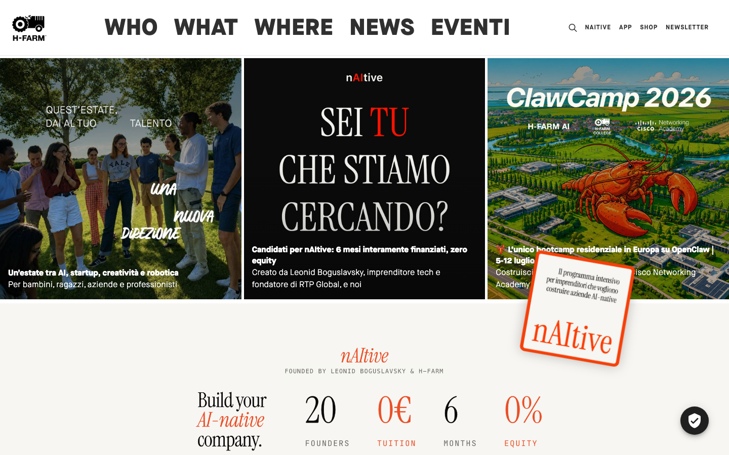 Screenshot del sito web di H-FARM
